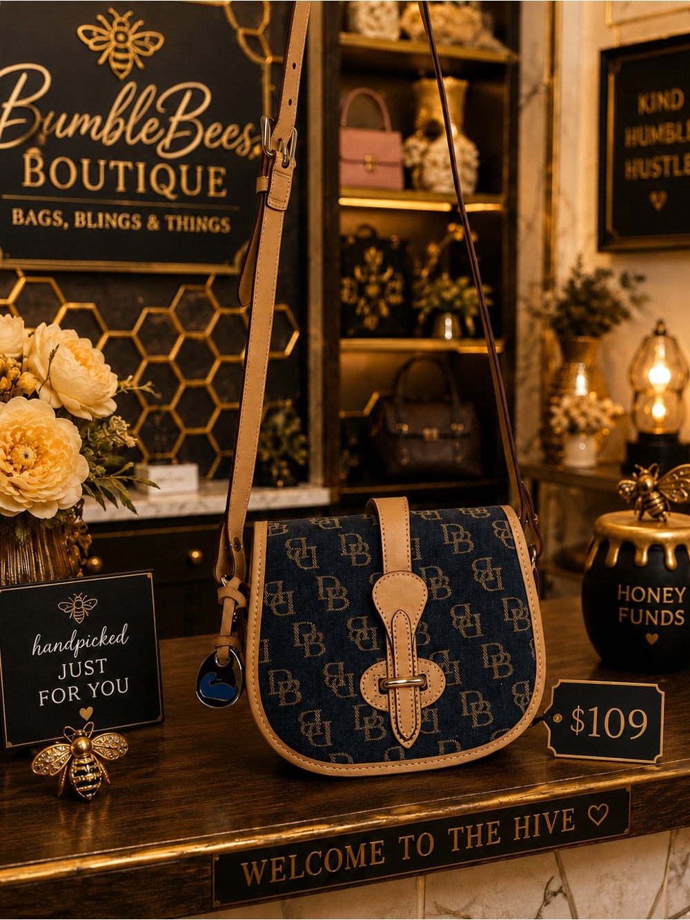 Dooney & Bourke Saddle Satchel Monogram Bag in Navy and Tan